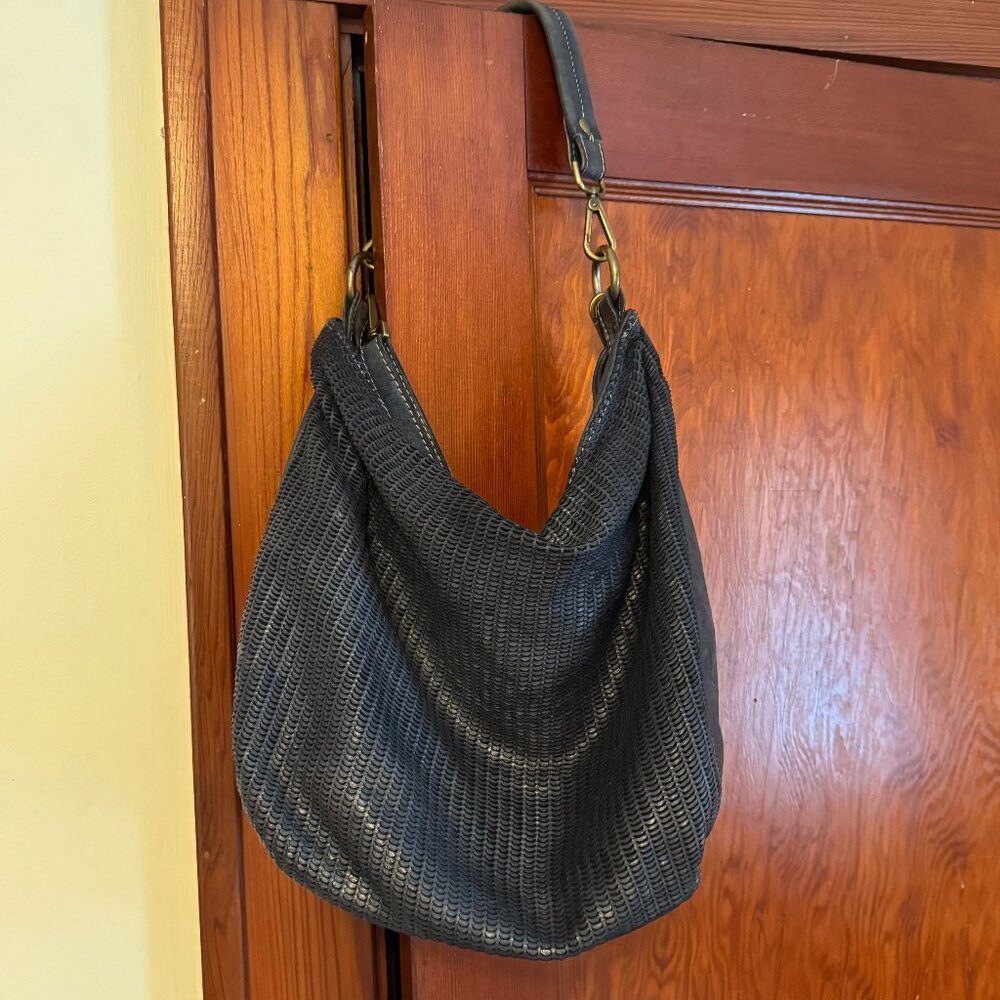 Blue woven leather bag